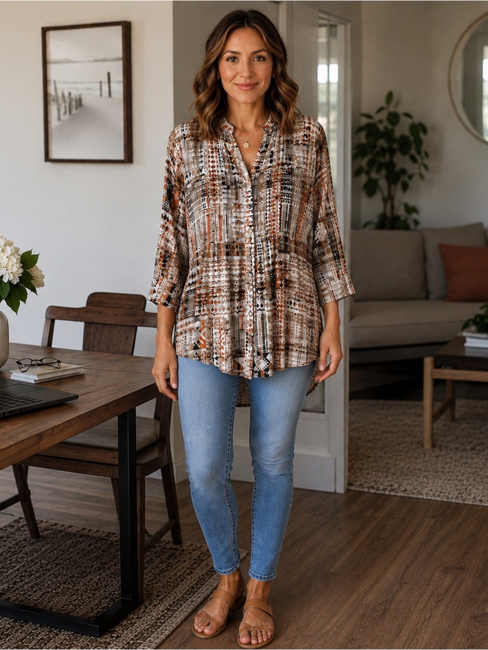 BIBA Women’s Boho Abstract Print Tunic Blouse Size 36 (US L)